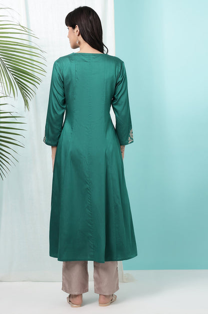 W for Woman Dark Green Embroidered Flared Festive Kurta