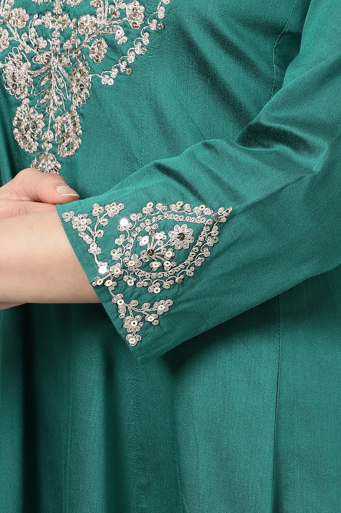 W for Woman Dark Green Embroidered Flared Festive Kurta