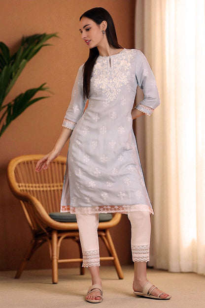 W for Woman Powder Blue Embroidered Dull Shantung Straight Kurta