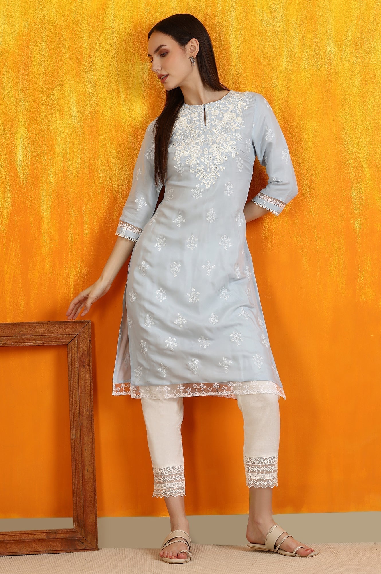 W for Woman Powder Blue Embroidered Dull Shantung Straight Kurta
