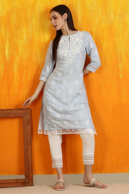 W for Woman Powder Blue Embroidered Dull Shantung Straight Kurta
