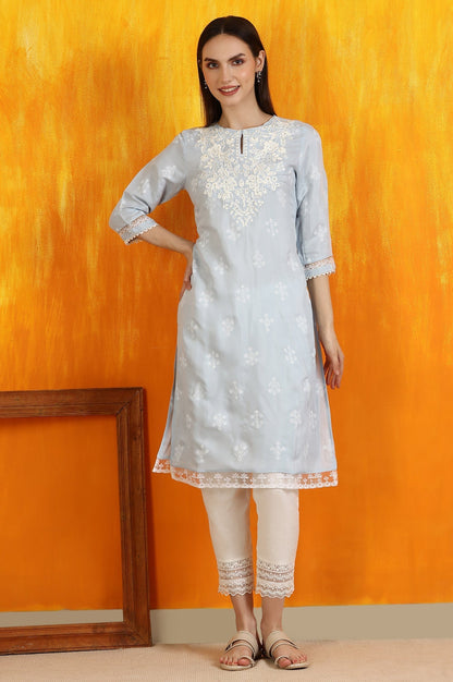 W for Woman Powder Blue Embroidered Dull Shantung Straight Kurta