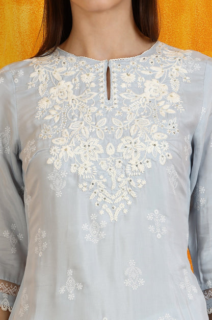 W for Woman Powder Blue Embroidered Dull Shantung Straight Kurta