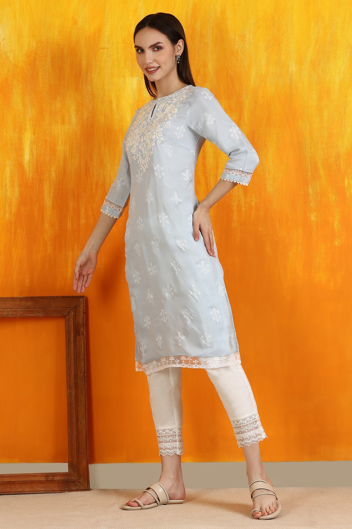 W for Woman Powder Blue Embroidered Dull Shantung Straight Kurta