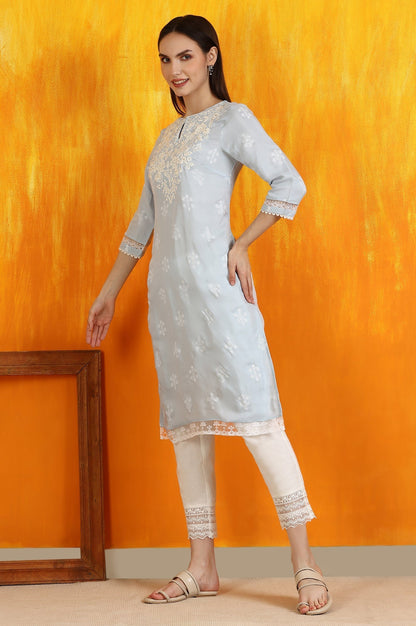W for Woman Powder Blue Embroidered Dull Shantung Straight Kurta