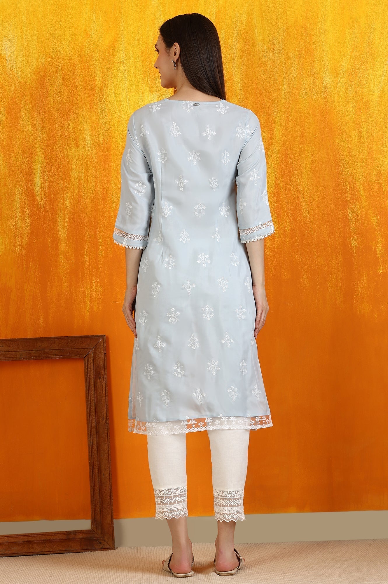 W for Woman Powder Blue Embroidered Dull Shantung Straight Kurta