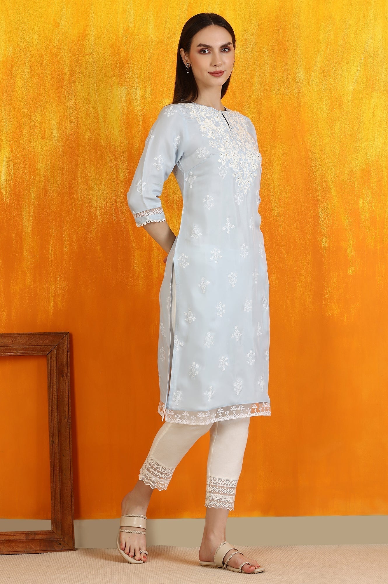 W for Woman Powder Blue Embroidered Dull Shantung Straight Kurta