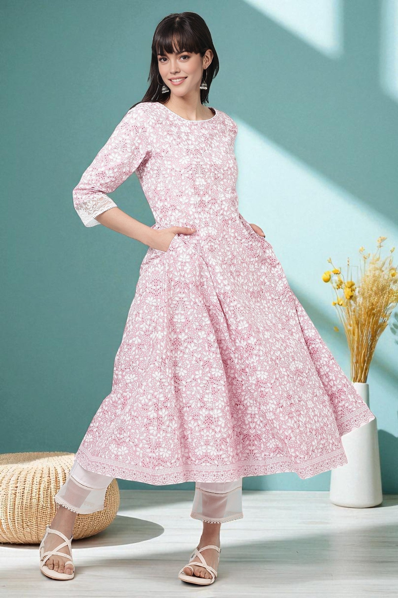 W for Woman Pink Floral Printed Pure Cotton Anarkali Kurta