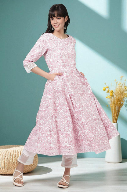 W for Woman Pink Floral Printed Pure Cotton Anarkali Kurta