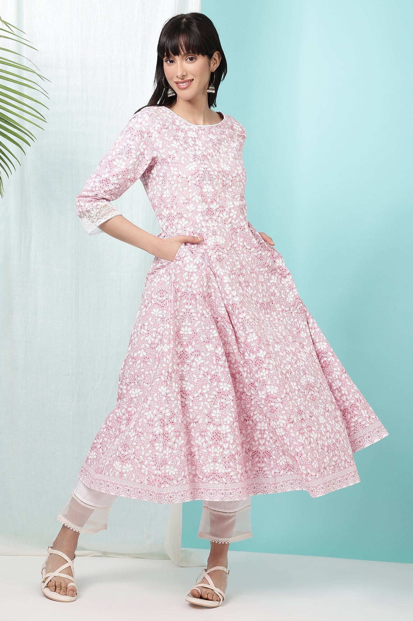 W for Woman Pink Floral Printed Pure Cotton Anarkali Kurta