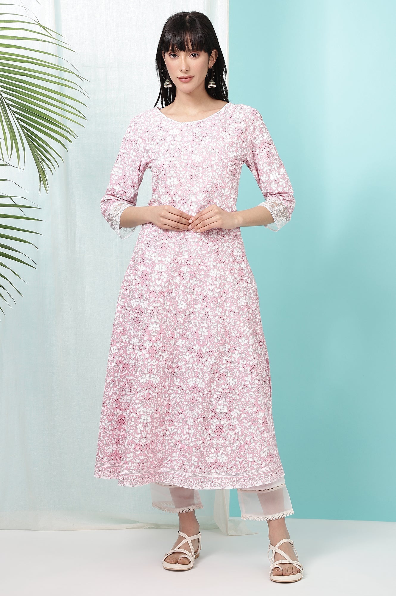 W for Woman Pink Floral Printed Pure Cotton Anarkali Kurta