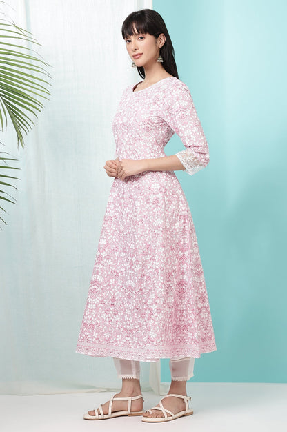 W for Woman Pink Floral Printed Pure Cotton Anarkali Kurta