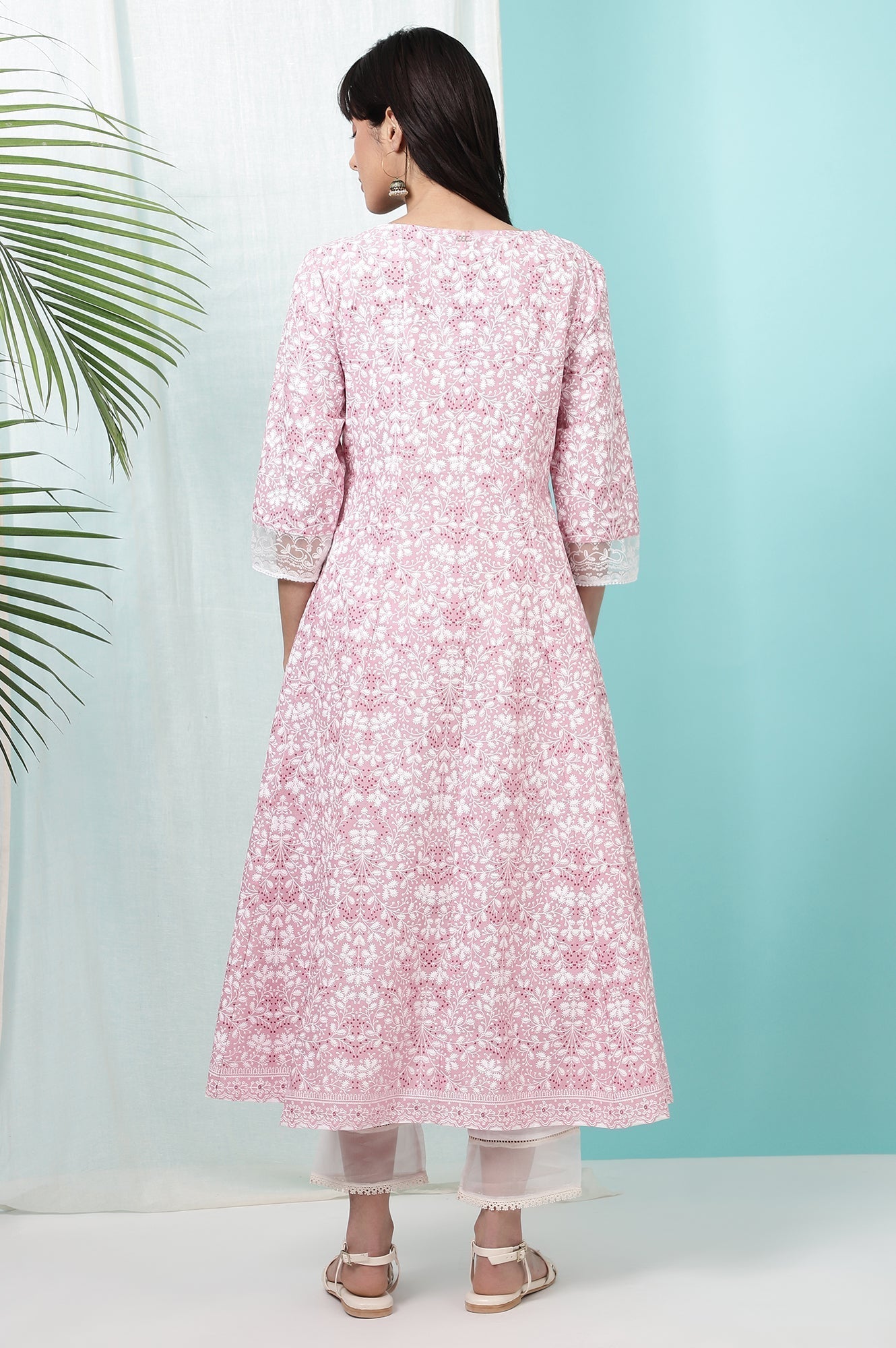 W for Woman Pink Floral Printed Pure Cotton Anarkali Kurta