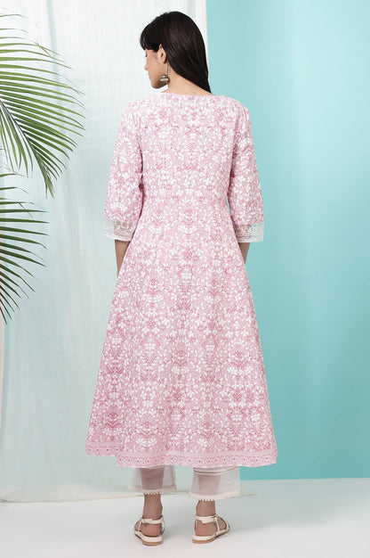 W for Woman Pink Floral Printed Pure Cotton Anarkali Kurta
