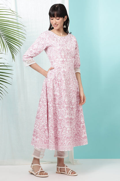W for Woman Pink Floral Printed Pure Cotton Anarkali Kurta