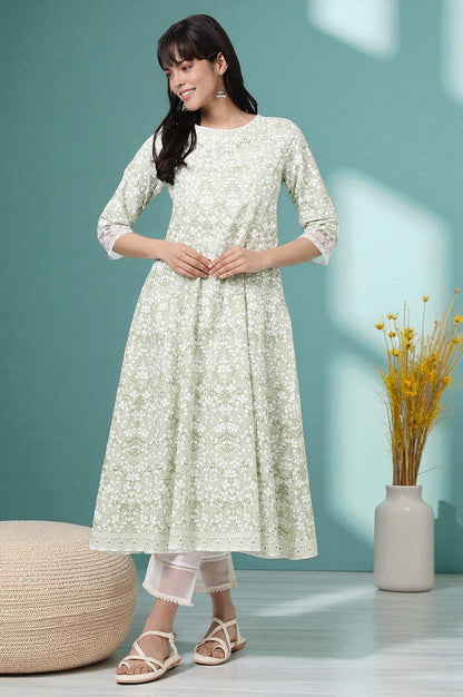 W for Woman Green Floral Printed Pure Cotton Anarkali Kurta
