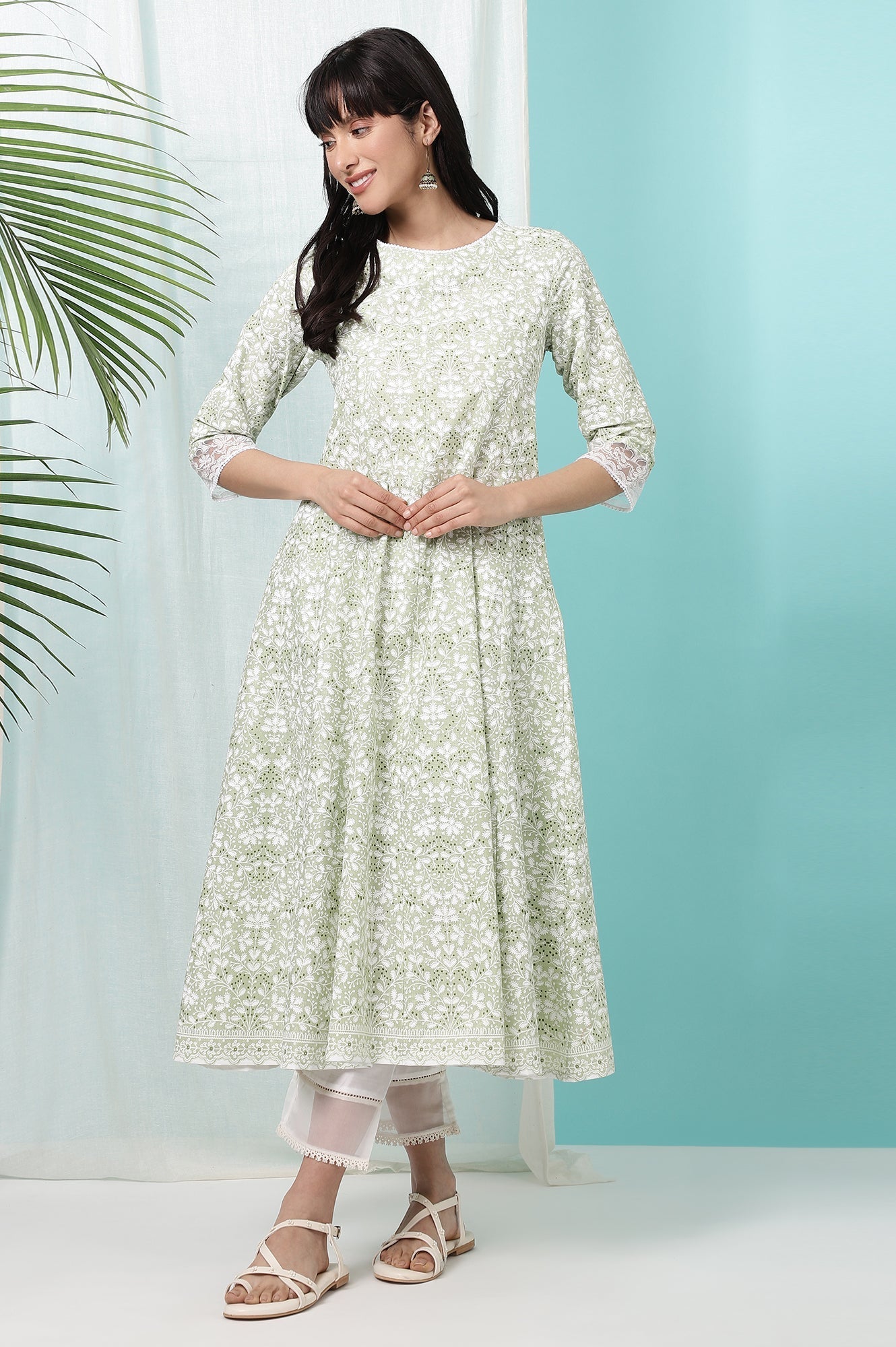 W for Woman Green Floral Printed Pure Cotton Anarkali Kurta