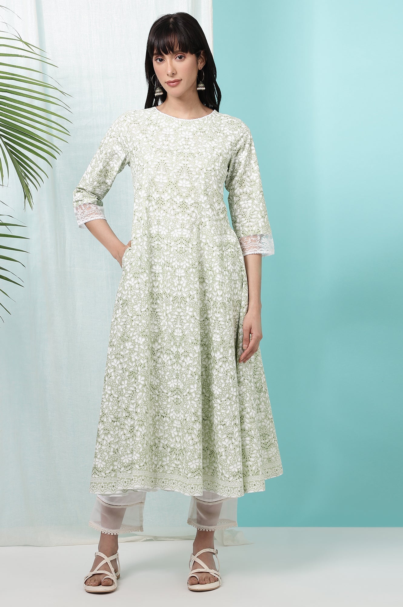 W for Woman Green Floral Printed Pure Cotton Anarkali Kurta