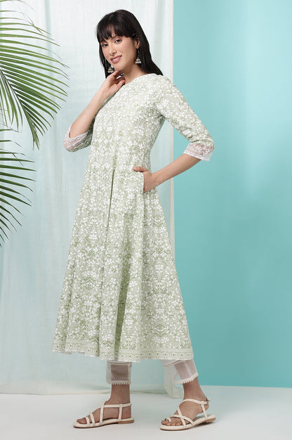 W for Woman Green Floral Printed Pure Cotton Anarkali Kurta