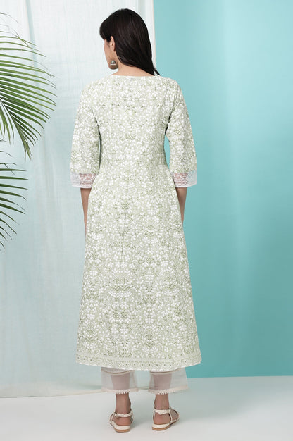 W for Woman Green Floral Printed Pure Cotton Anarkali Kurta