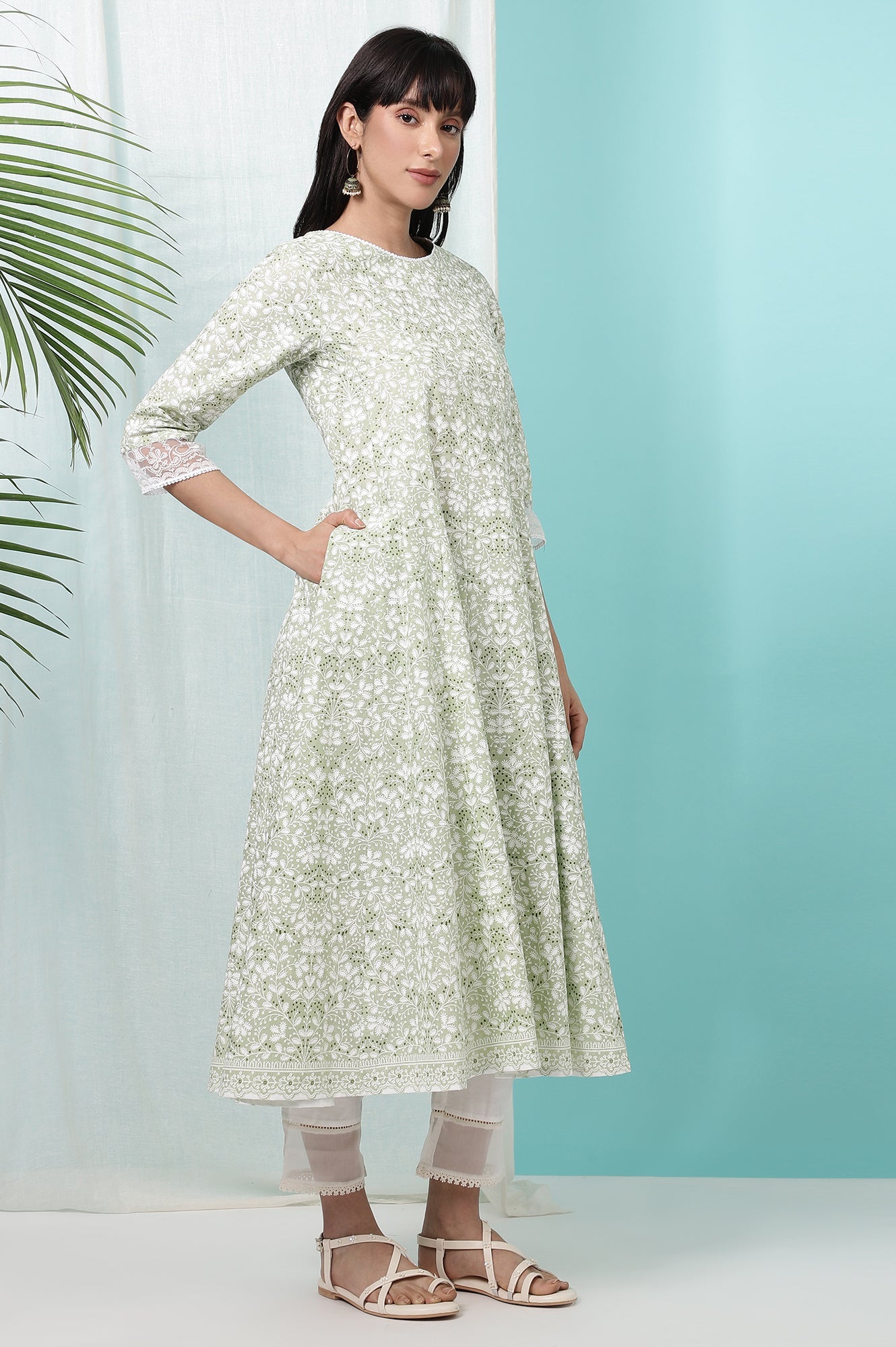 W for Woman Green Floral Printed Pure Cotton Anarkali Kurta