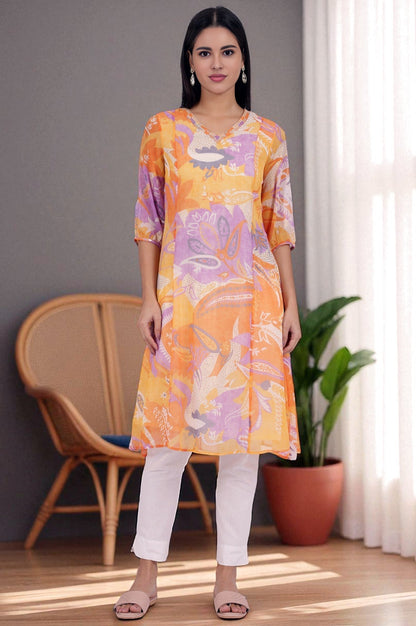 W for Woman Orange Printed A-Line Chiffon Kurta