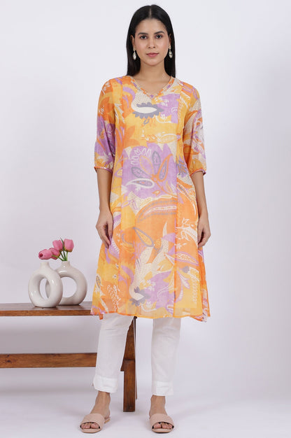 W for Woman Orange Printed A-Line Chiffon Kurta