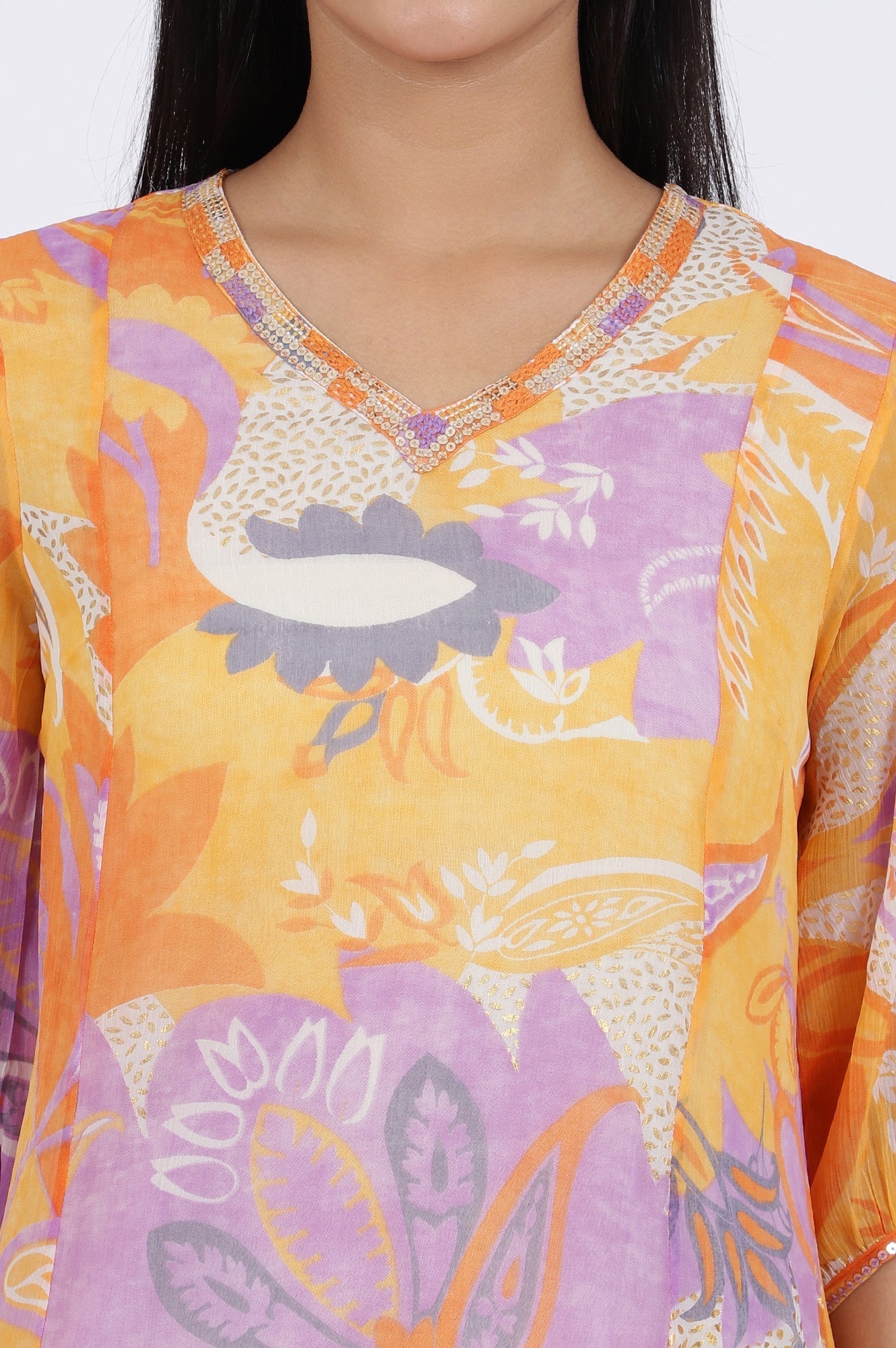 W for Woman Orange Printed A-Line Chiffon Kurta