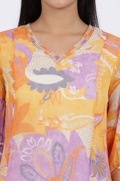 W for Woman Orange Printed A-Line Chiffon Kurta