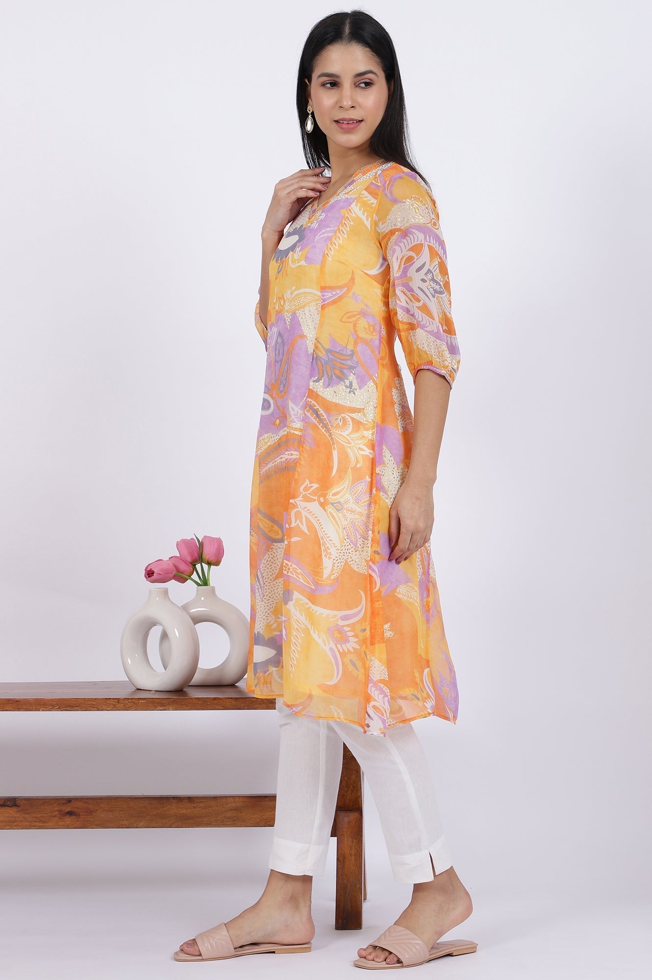 W for Woman Orange Printed A-Line Chiffon Kurta