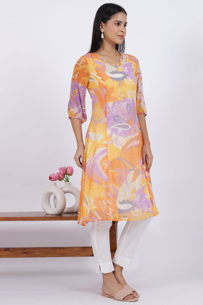 W for Woman Orange Printed A-Line Chiffon Kurta