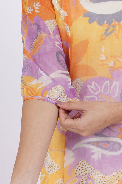 W for Woman Orange Printed A-Line Chiffon Kurta