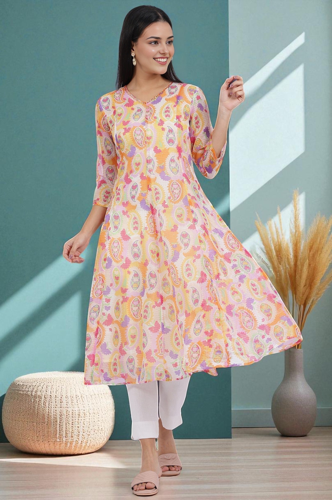 W for Woman Printed Kota Doria Anarkali Kurta