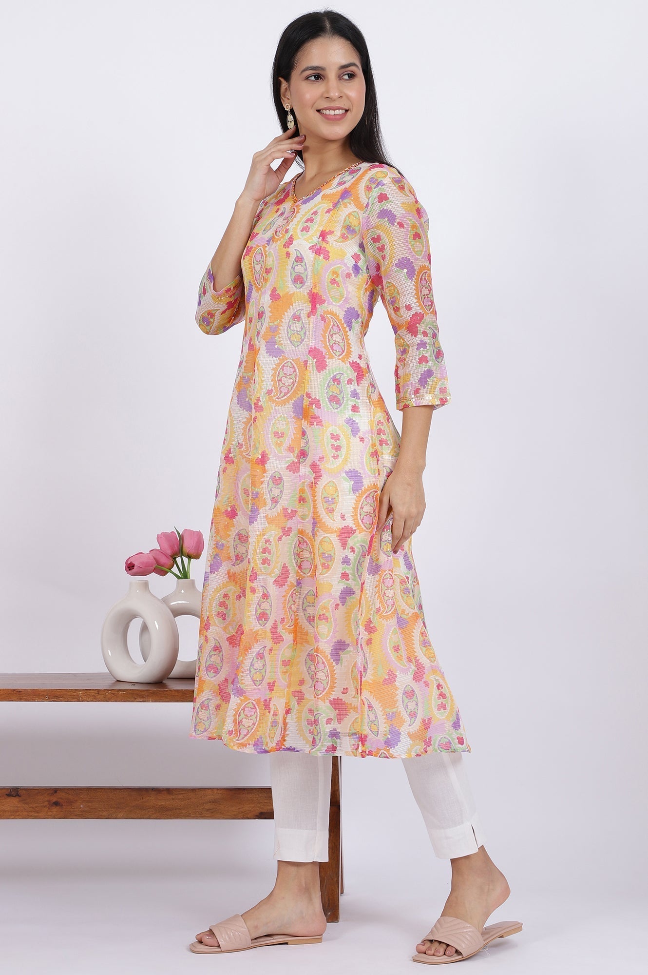 W for Woman Printed Kota Doria Anarkali Kurta