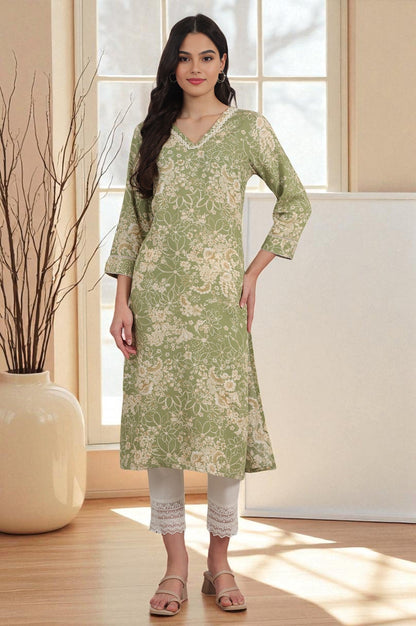 W for Woman Sage Green Floral Printed Rayon Flax Straight Kurta with Lace