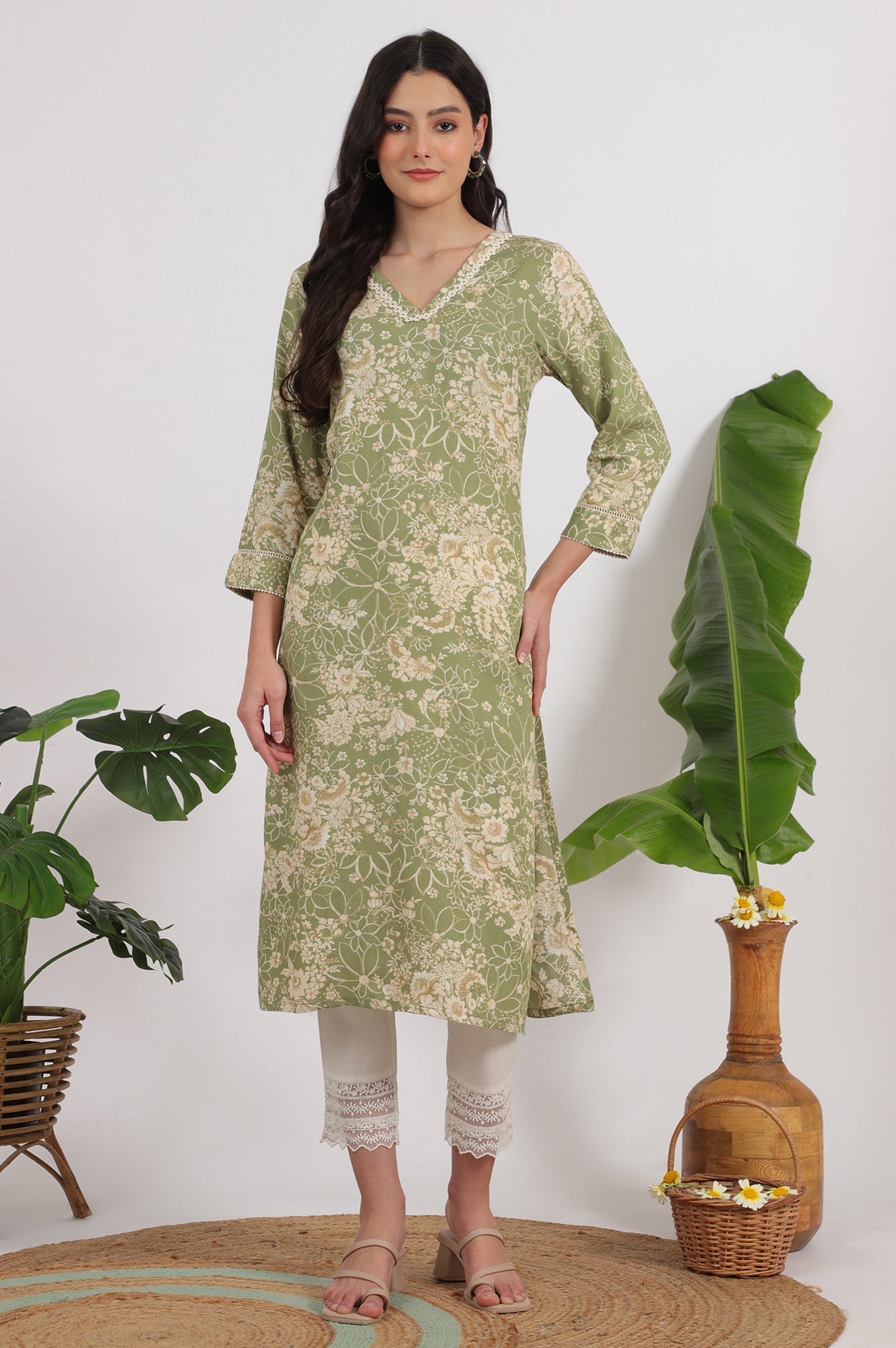 W for Woman Sage Green Floral Printed Rayon Flax Straight Kurta with Lace