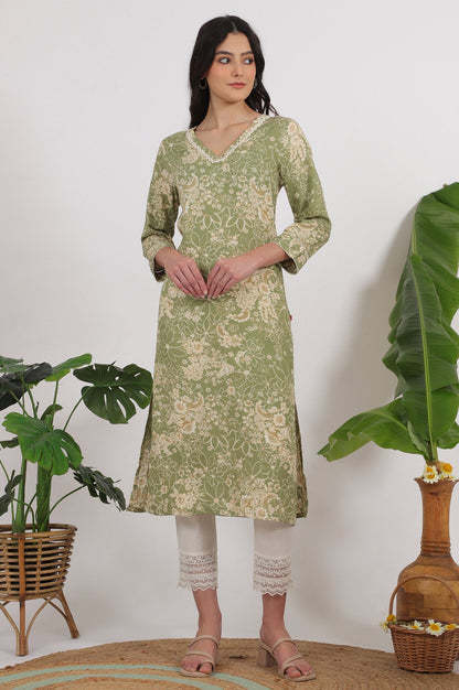 W for Woman Sage Green Floral Printed Rayon Flax Straight Kurta with Lace