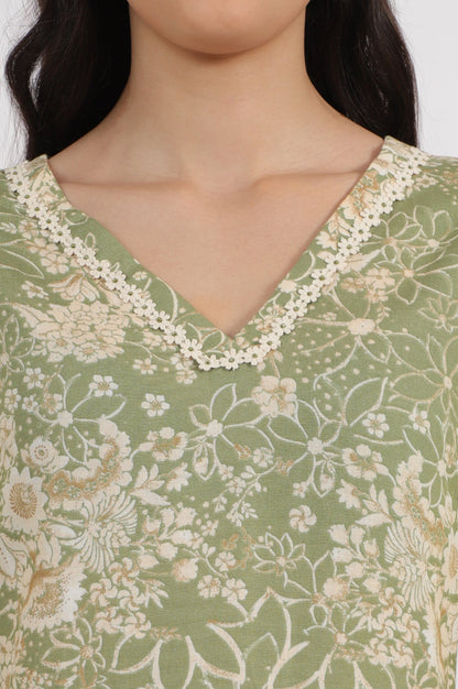 W for Woman Sage Green Floral Printed Rayon Flax Straight Kurta with Lace