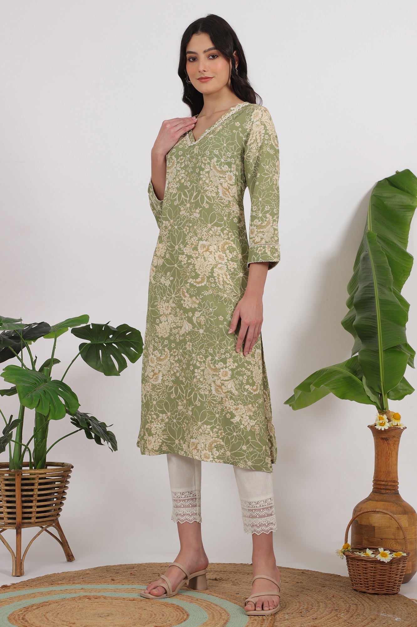 W for Woman Sage Green Floral Printed Rayon Flax Straight Kurta with Lace