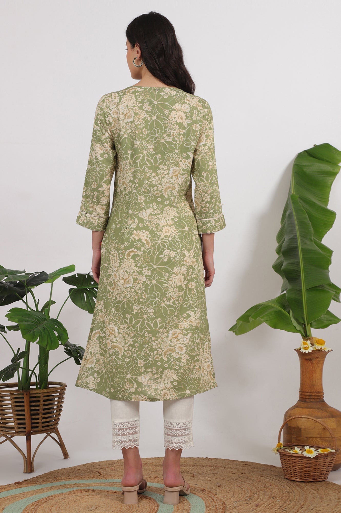 W for Woman Sage Green Floral Printed Rayon Flax Straight Kurta with Lace