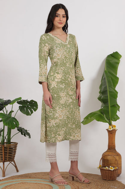 W for Woman Sage Green Floral Printed Rayon Flax Straight Kurta with Lace