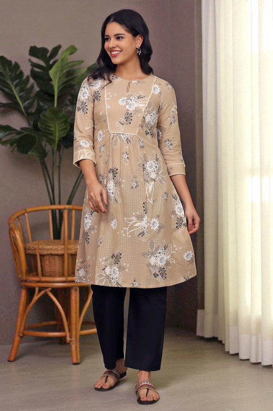 W for Woman Beige Floral Printed Cotton Check Textured Gathered Kurta