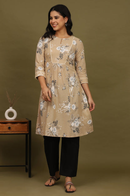 W for Woman Beige Floral Printed Cotton Check Textured Gathered Kurta