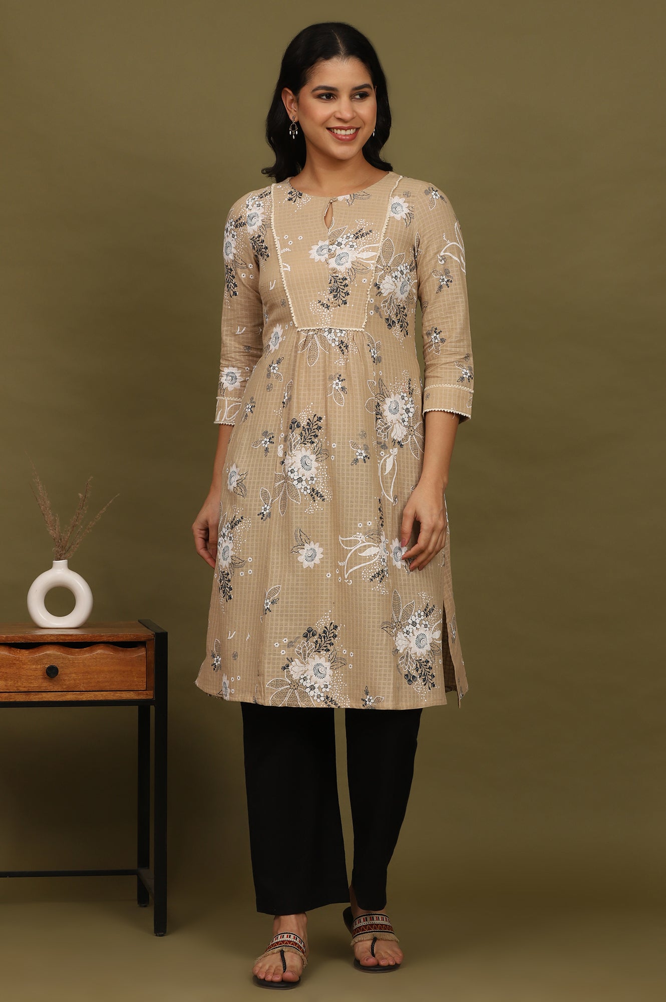 W for Woman Beige Floral Printed Cotton Check Textured Gathered Kurta