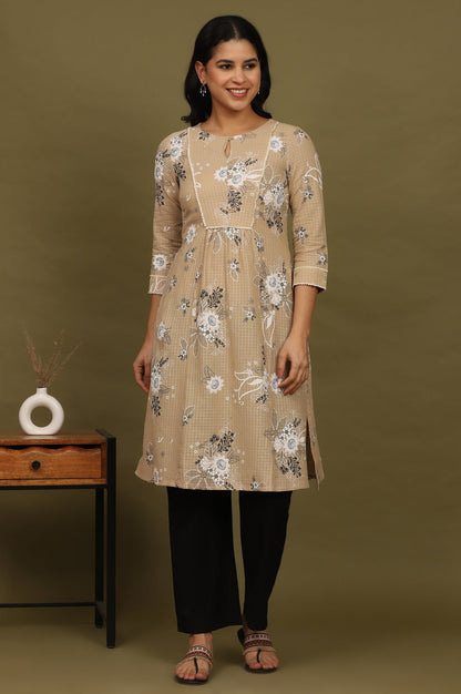 W for Woman Beige Floral Printed Cotton Check Textured Gathered Kurta