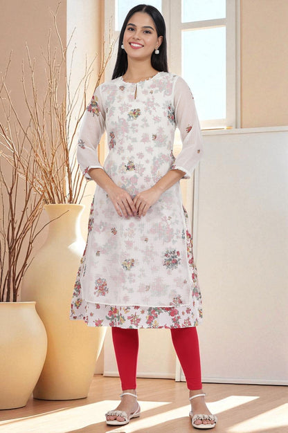 W for Woman White Floral Printed Straight Polyester Kurta