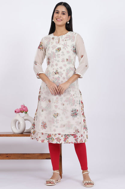 W for Woman White Floral Printed Straight Polyester Kurta