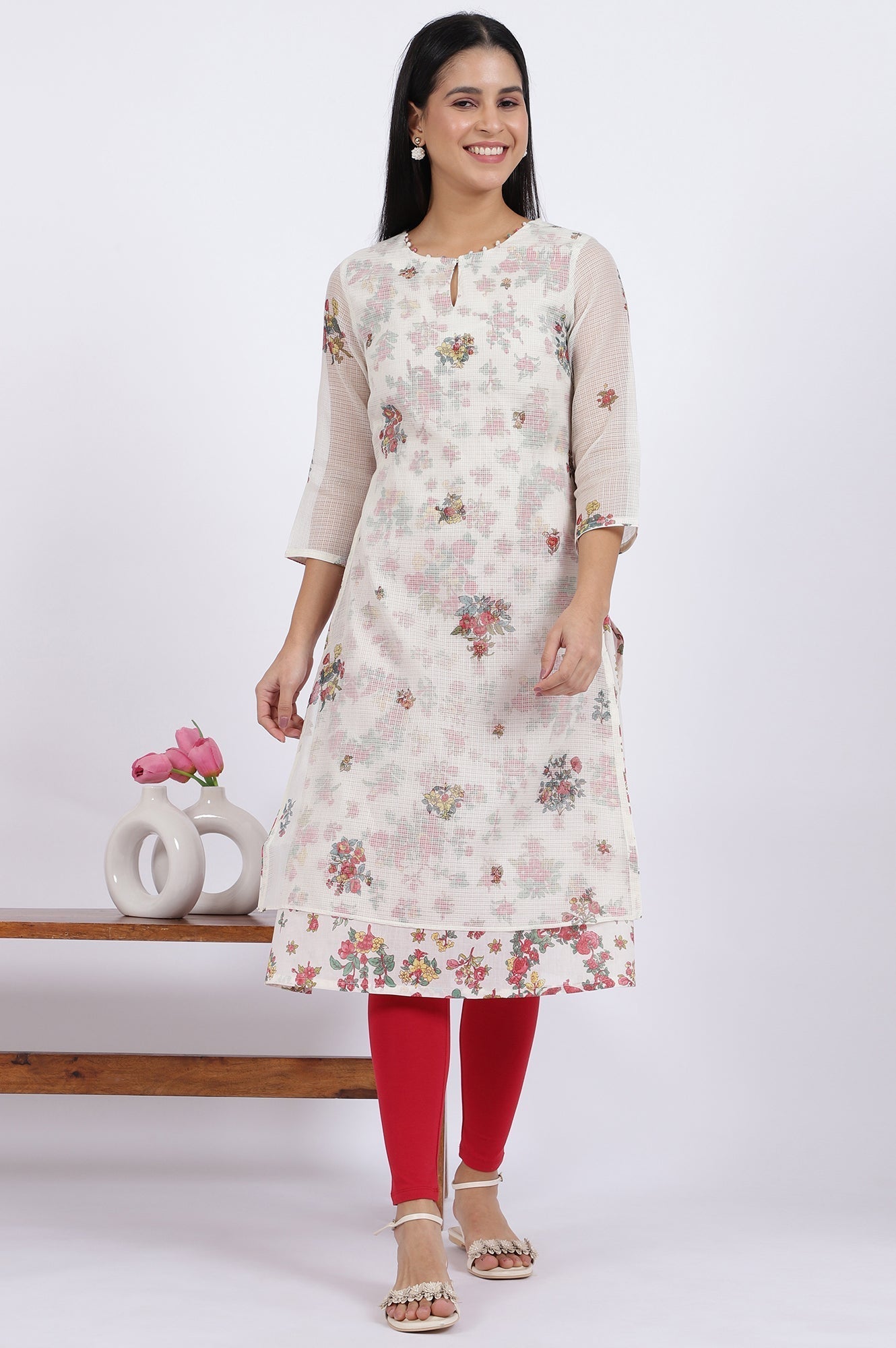 W for Woman White Floral Printed Straight Polyester Kurta