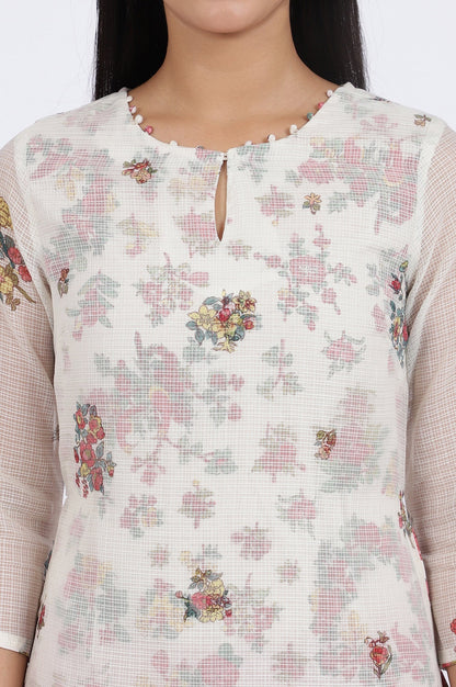 W for Woman White Floral Printed Straight Polyester Kurta