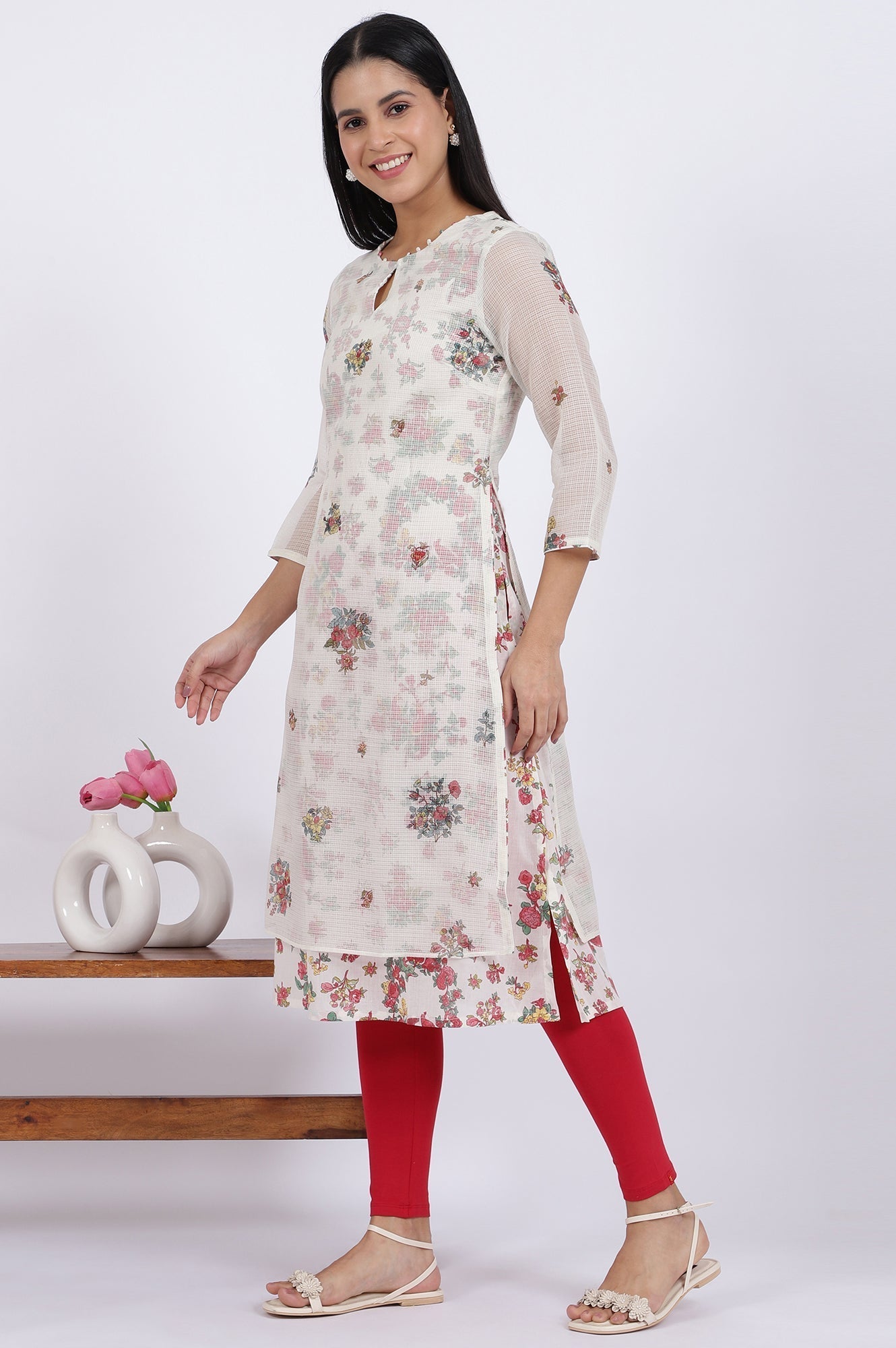 W for Woman White Floral Printed Straight Polyester Kurta